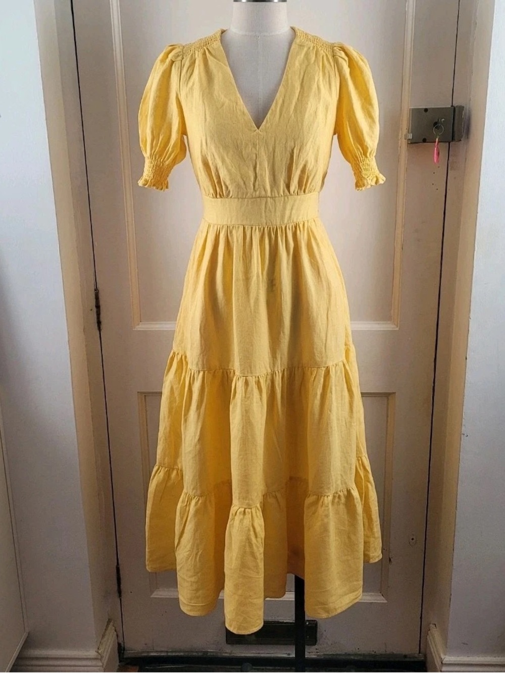 Boden Yellow Tiered Puff-Sleeve Midi Dress